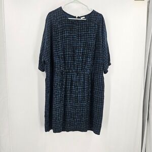 Poetry Tunic Dress Blue Black Linen Blend Geometric Print Dolman Sleeve Size 16